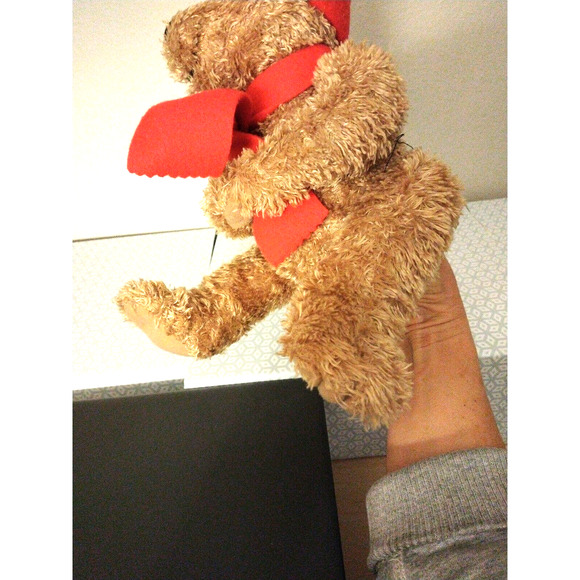 Vintage Hand Puppet Teddy Bear Realistic Plush Christmas Toy w Knit Hat & Scarf - Picture 12 of 12